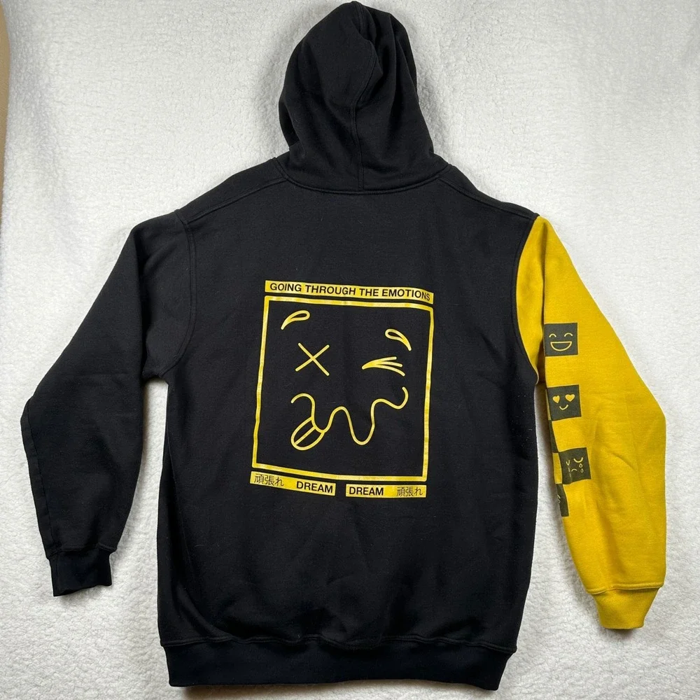 Dream Emotional Face Checkerboard Smiley Hoodie Mens 3XL Black Yellow Colorblock